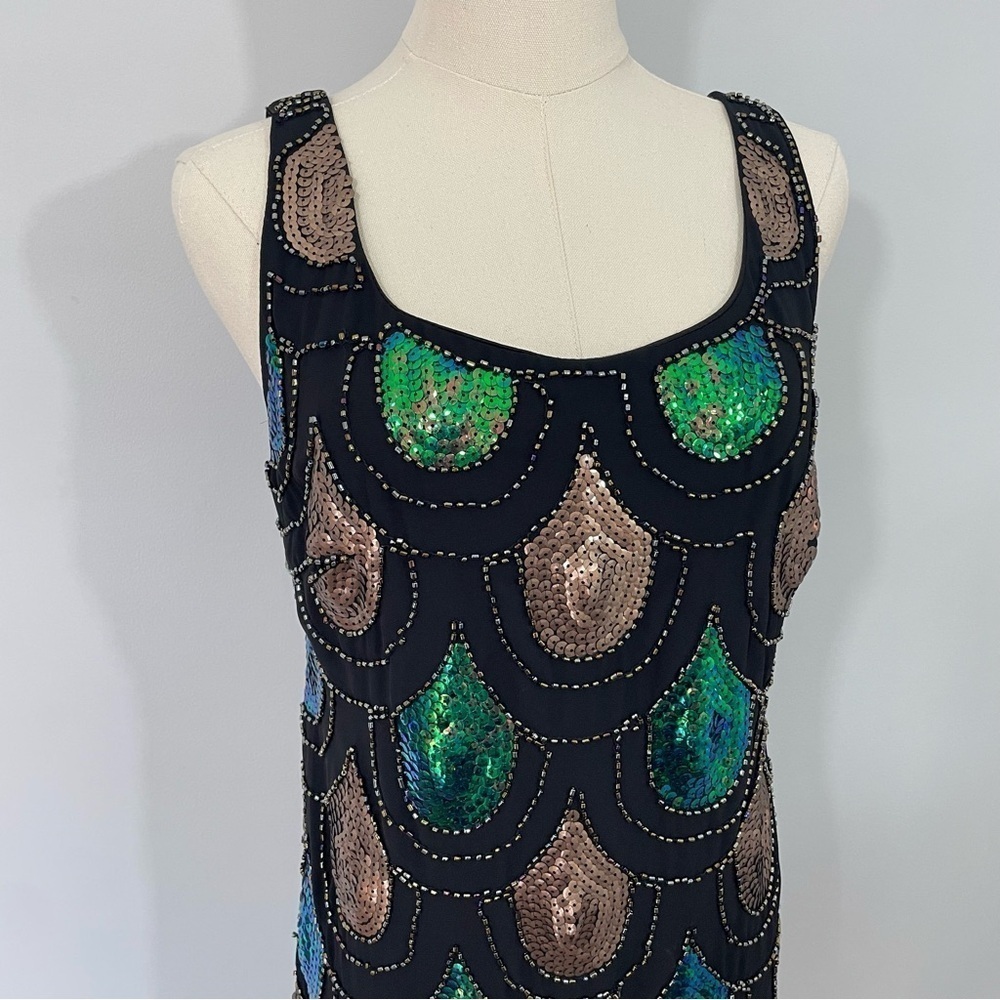 Papillon Sequin Cocktail Dress Sz S Black Green Peacock LBD Party Event Sexy GUC - Picture 2 of 12